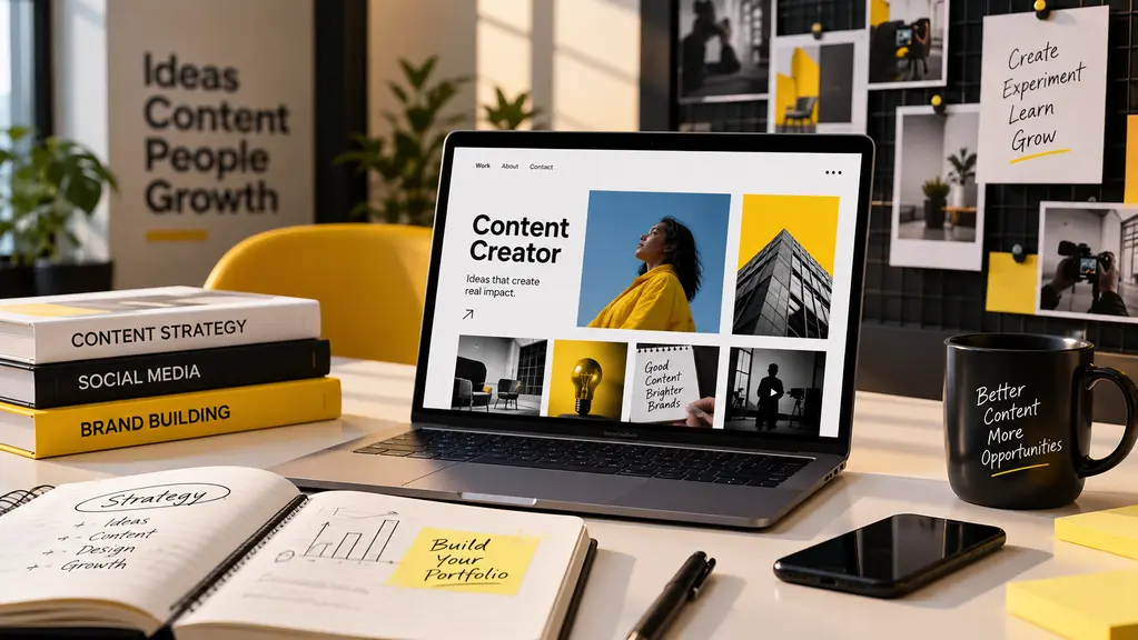 Content creator portfolio workspace illustrating how to build a portfolio for content creator and marketing jobs.